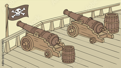 Illustration of pirate ship deck with cannons, skull flag, and barrels, nautical adventure scene design