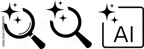 Search icon featuring magic sparkle star symbols. Ai generated icons. Artificial intelligence sign. Magnifying glass loupe sign. Editing and searching for questions
