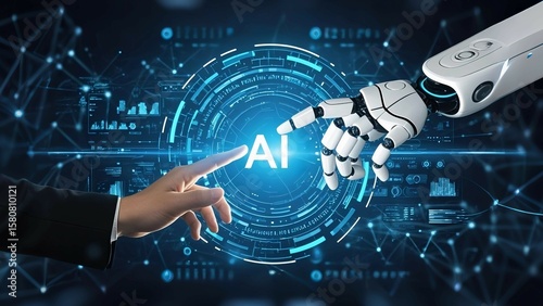 Artificial intelligence, machine learning, robots and human hands touch in the context of big data network connectivity, artificial intelligence science and technology, innovation and the future