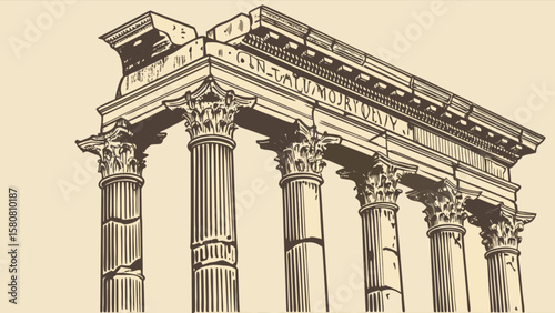 Illustration of ancient roman temple ruins with corinthian columns and historical architecture design art