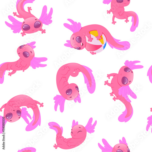 Axolotl. seamless pattern with axolotl in cartoon style