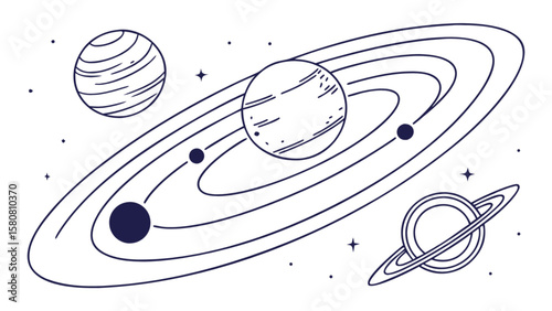 Illustration of a solar system with planets, rings, stars, and orbits for educational purposes and design assets
