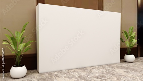 3D exhibition stand. White empty geometric square. White blank promotion. Presentation event room display. Blank wall. Blank mock-up box product isolated. Mockup for press wall, pop up. Template	
