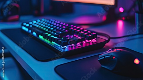 RGB gaming keyboard and mouse glowing in the dark, set up on a sleek desk ready for intense gaming action
