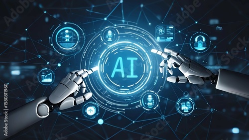 Artificial intelligence, machine learning, robots and human hands touch in the context of big data network connectivity, artificial intelligence science and technology, innovation and the future