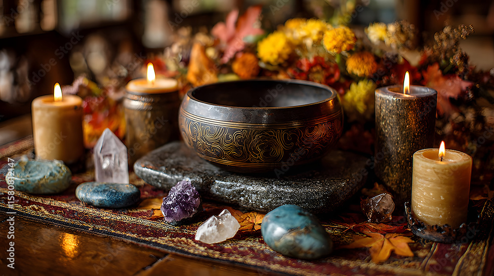 Fototapeta premium Serene Autumn Retreat Singing Bowl Candles Crystals Fall Leaves