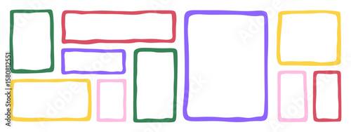 Set of doodle frame boxes, irregular uneven shapes. Hand drawn curved picture and painting, cadre. Graphic elements of organic forms. Colored flat vector illustration isolated on white background.