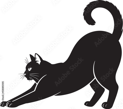  Graceful Stretching Cat Silhouette, Symbolizing Flexibility, Relaxation, and Pet Companionship.