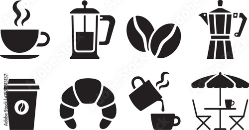 Comprehensive Coffee Icons: French Press, Beans, Croissant, Pouring Coffee, and Mug, for Cafe and Morning Themes.