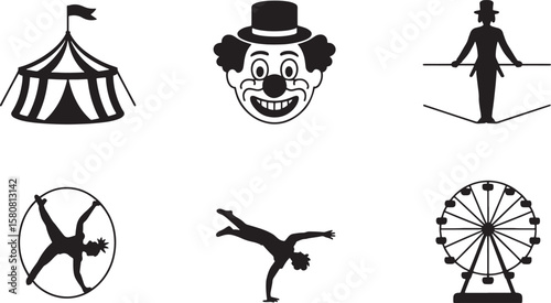  Contrasting Silhouettes: Happy Clown Face and Dynamic Athlete in Pose, Representing Performance and Sport.