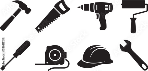 Essential Construction Tool Silhouettes: Saw, Drill, Tape Measure, and Helmet, for Building and DIY Concepts.
