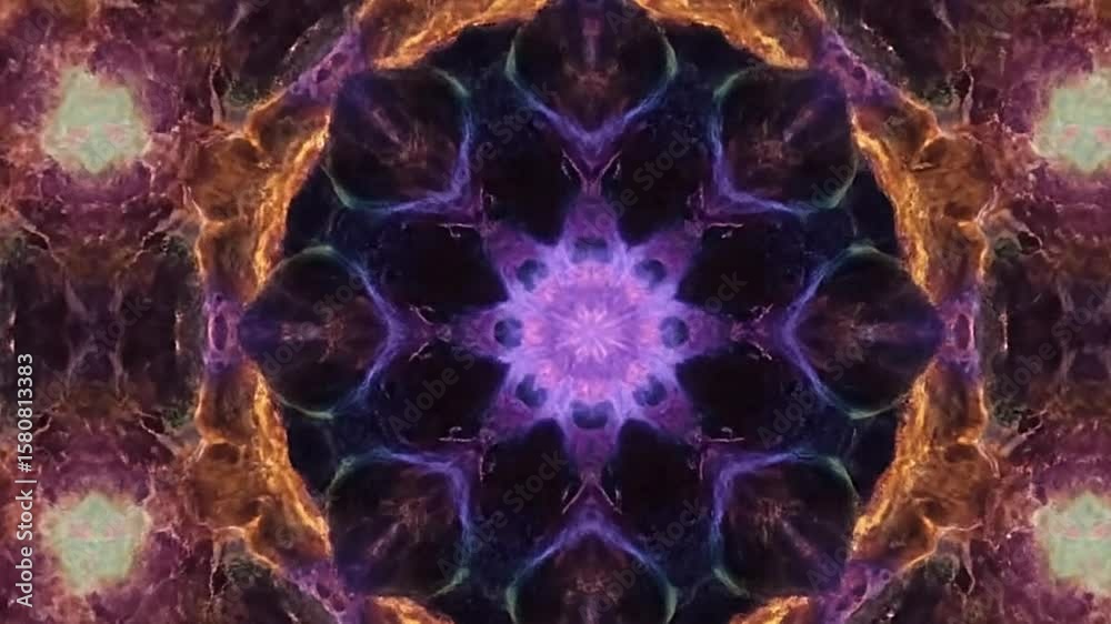 Kaleidoscopic symmetrical pattern with blue pink and gold hues creating an abstract design art style