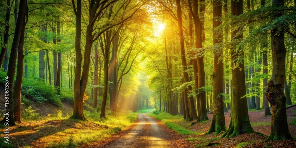 Obraz premium Golden Sunlight Illuminates a Serene Path Through a Lush Green Forest Canopy