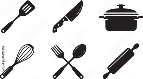 Essential Kitchen Utensils Icons: Knife, Fork, and Spoon, Ideal for Food, Cooking, and Dining Concepts.