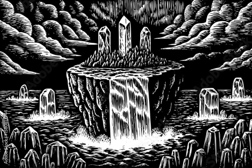 surreal floating island with shattered rocks, cascading waterfalls into void, glowing crystals, and ancient ruins in a mysterious atmosphere, shown as black and white line art illustration