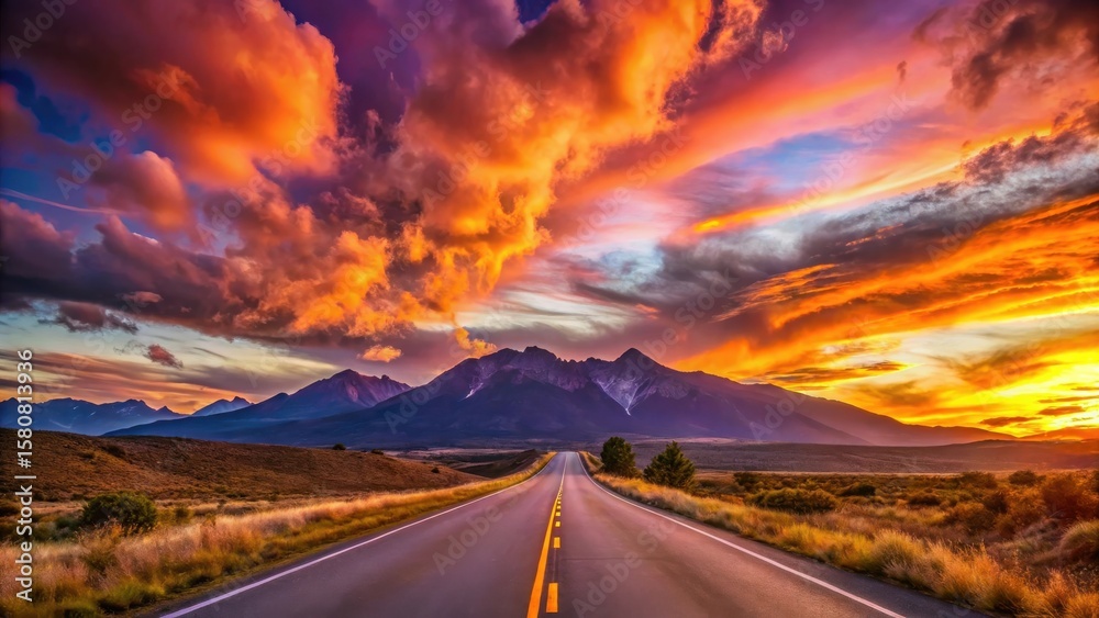 Naklejka premium Majestic Mountain Sunset Road Trip A Scenic Asphalt Highway Leads to a Fiery Horizon