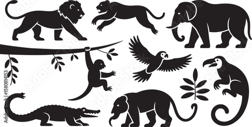 Diverse Collection of Wild Animal Silhouettes: Monkey, Eagle, Leopard, and Bear, Representing Wildlife and Nature.