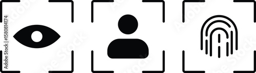 Recognition, scan identification icon set. Fingerprint icon. Identification and verification icon set. Eye scan icons. Face ID and eye scan
