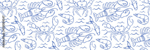 Marine life doodle pattern with crustaceans crab, shrimp, lobster. Background for seafood packaging, restaurant branding, textile, menu. Hand drawn vector illustration in nautical style.