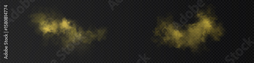 Yellow smoke, steam, clouds, smog, haze, fog on dark background. Vector smoke effects for design, overlays in graphic design.