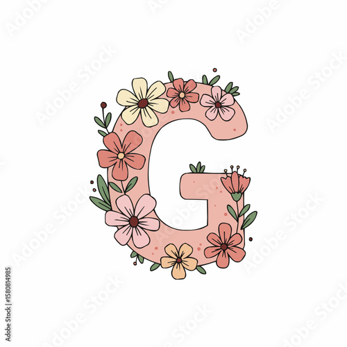 Floral letter G with pink and yellow flowers on white background  