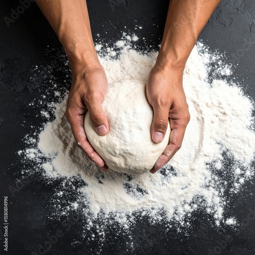 Top view of hands shaping raw dough on a dark floured surface, perfect for baking, cooking, or homemade food concepts.