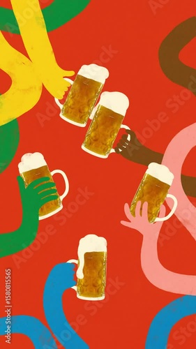 Bar party. Colorful hands holding beer mugs on red background. Concept of diversity, beer festival, joy, socializing, and trendy commercial