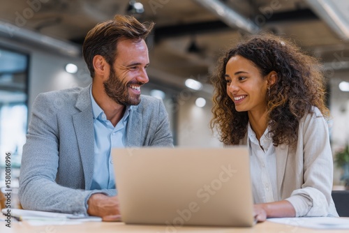Two happy office workers or company professionals using laptop computer to collaborate on online AI project during team meeting at workplace