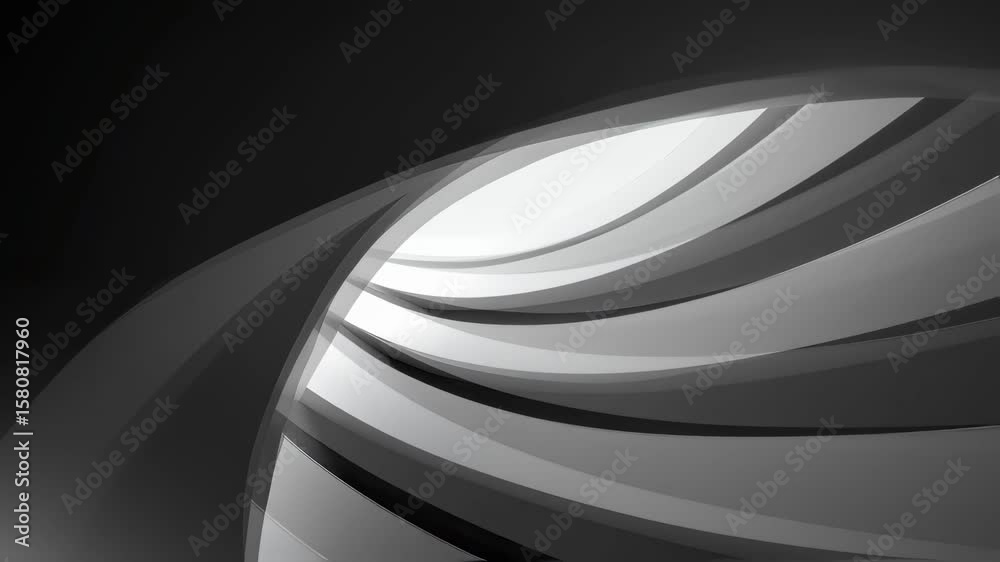 Sharp angular shapes emerge from a backdrop of negative space their contrasting black and white surfaces gliding past each other like shadow and light. The design conveys a sense of