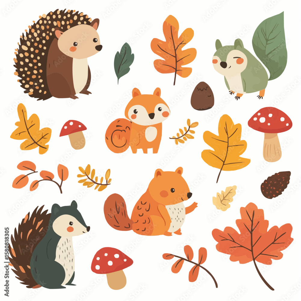 Naklejka premium Flat cartoon forest animals and autumn elements like mushrooms and leaves, designed for fall-themed packaging and eco-friendly kids’ products