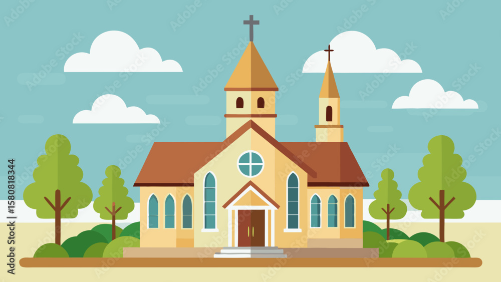 Naklejka premium Vector art of a classic church with twin steeples and surrounding trees