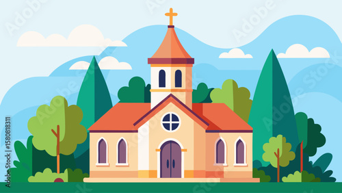 Vector art of a quaint church surrounded by lush green trees