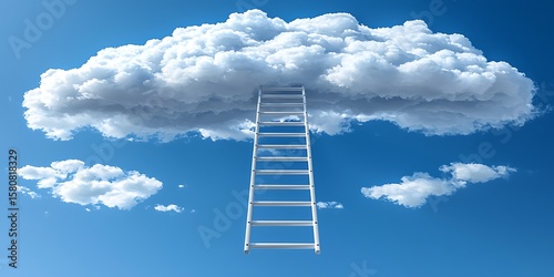 Ladder Reaching Towards Fluffy Clouds Under Bright Blue Sky