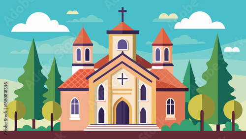 Vector art of a beautiful church with multiple steeples and trees