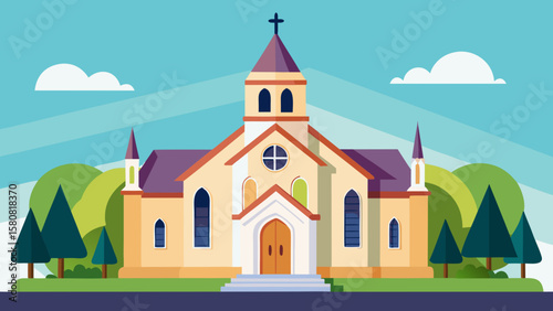 Vector art of a charming church building with trees and clouds