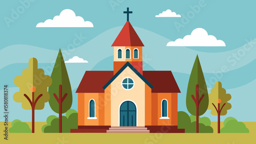 Vector art of a quaint church with trees under a cloudy sky