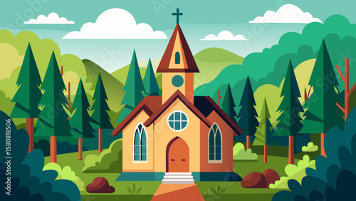 Vector art of a quaint church nestled among trees and hills