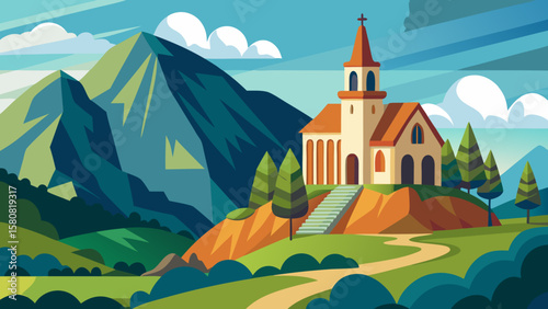 Vector art of a church perched on a hill with a path leading to it