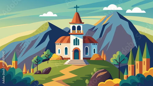 Vector art of a picturesque church is nestled in a mountain landscape