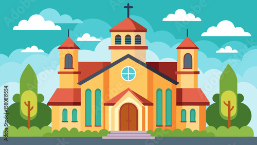 Vector art of a vibrant church stands proudly with surrounding trees