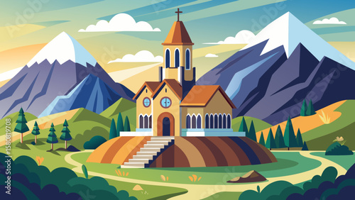 Vector art of a charming church sits atop a hill with mountains behind