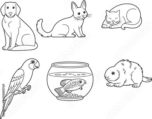 Outline Collection of Domestic Pets and Fishbowl Icons