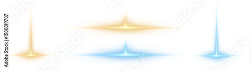 Set of glowing glares and shining flashes in gold and blue colors on a white background. Bright vector effects are ideal for advertising design, web banners and digital illustrations.