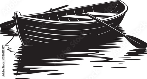 Traditional Wooden Rowboat on Water Silhouette