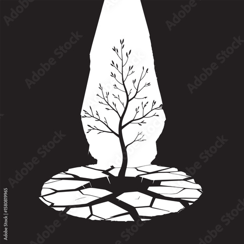 Resilient Tree Growing from Cracked Earth Silhouette