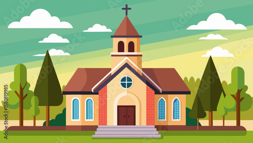 Vector art of a charming church with a steeple and stained glass windows