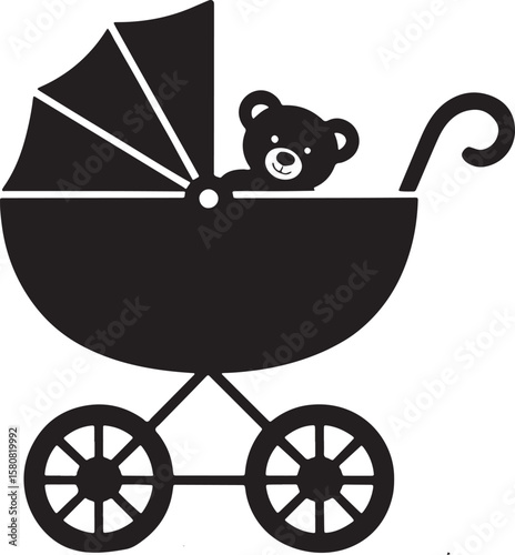 Baby Stroller with Teddy Bear Silhouette Icon