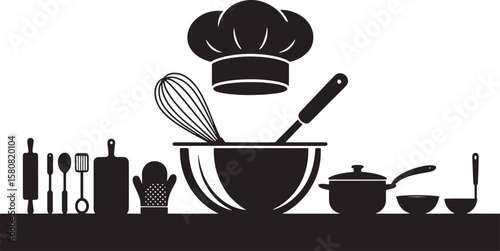 Chef Hat with Baking Utensils and Mixing Bowl Silhouette