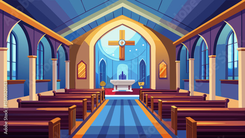 Vector art of the interior of a church with pews, an altar, and a cross