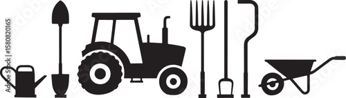 Farming Tractor and Pitchfork Silhouette Icons